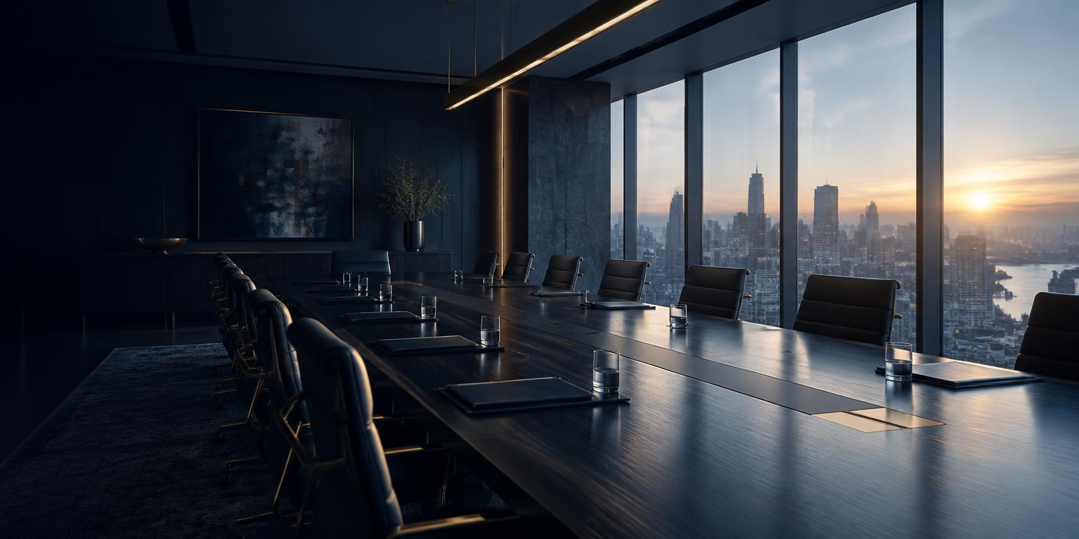 Empty contemporary boardroom at dawn